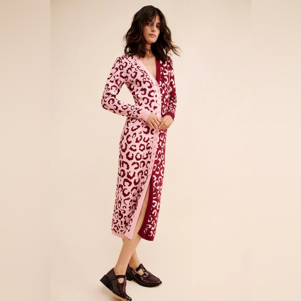 Farm Rio Mixed Leopard Knit Midi Sweater Dress, size S